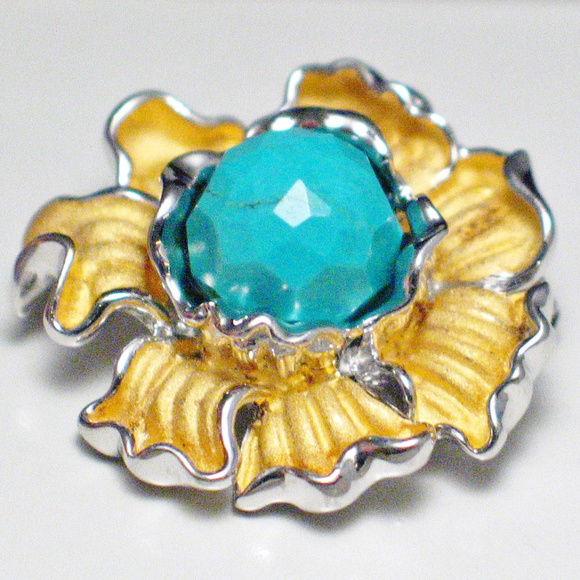 Gold Flower Brooch Pendant w/ Turquoise Sterling - Picture 1 of 4